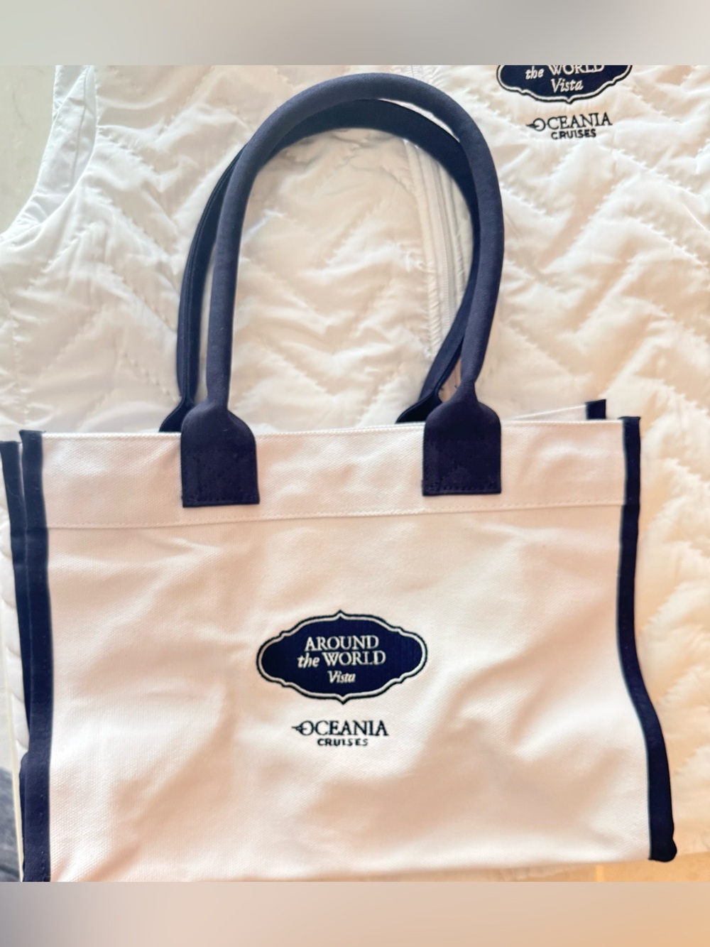 Oceania Branded 'Around the World' White and Navy Tote Bag